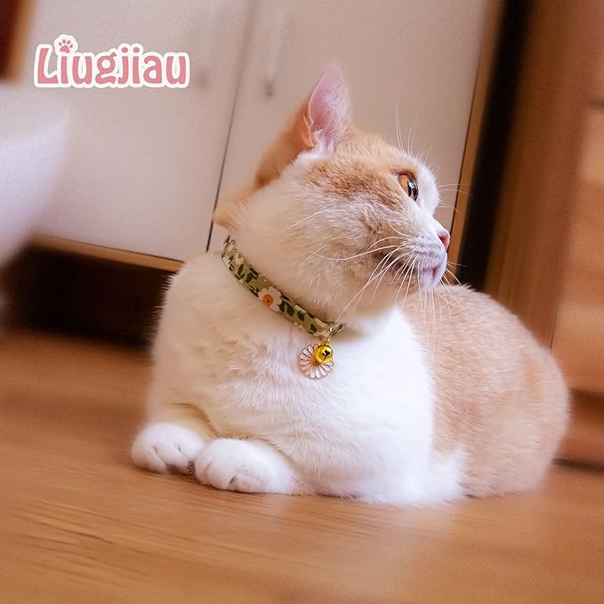 2 Pack Cotton Breakaway Cat Collar with Bell Green&Orange Daisy Pendant Cute Kitten Cat Collar Suitable for Girls and Boys