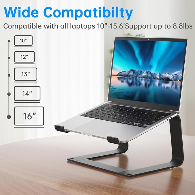 Laptop Stand for Desk Detachable Aluminum Computer Riser Portable Metal Notebook Holder Compatible with MacBook Air, Pro, Dell, HP, Lenovo and All 10-16" Laptops, Black