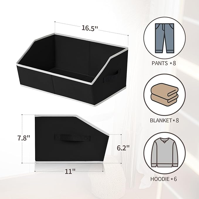 Large Closet Organizers and Storage Bins - 3 Pack Trapezoid Storage Baskets for Shelves, Foldable Fabric Baskets with Handles Ideal for Closet, Basket, Wardrobe and Shelf Storage, Black