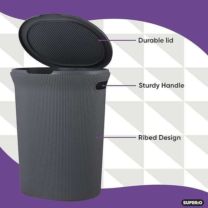 Superio Ribbed Collection - Decorative Plastic Laundry Basket & Laundry Hamper with Lid and Cut-Out Handles, Grey (Set of 2) Organzier for Bedroom Bathroom College Dorm Room