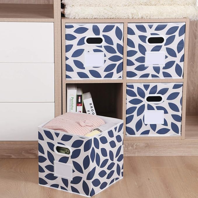MAX Houser Fabric Storage Bins Cubes Baskets Containers with Dual Plastic Handles for Home Closet Bedroom Drawers Organizers, Flodable, Blue, Set of 4