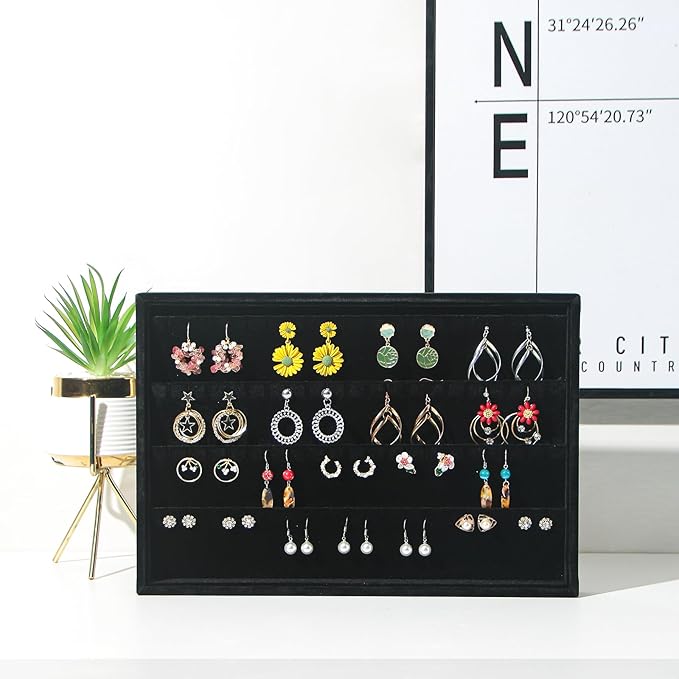 Coward 2PC Black Velvet Stackable Earring Tray Drawer Jewelry Holder Organizer Box Storage Earring Display Stand for Home Drawer or Store Selling (earring+earring)