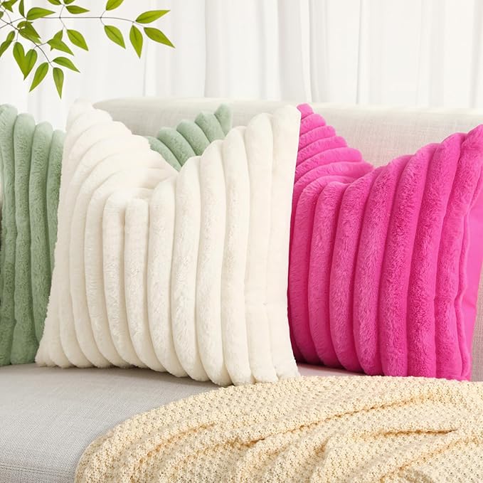 decorUhome Faux Fur Spring Throw Pillow Covers 24x24 Set of 2, Decorative Soft Plush Striped Neutral Couch Euro Sham Pillow Covers with Velvet Back for Sofa, Bed, Living Room Home, Hot Pink