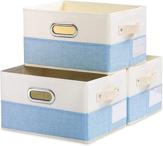PRANDOM Fodable Storage Bins for Closet [3-pack] Decorative Fabric Storage Baskets Cubes with Leather/Metal Handles for Shelves Bedroom Living Room Blue&Cream (11.5x8.5x6.7 Inch)
