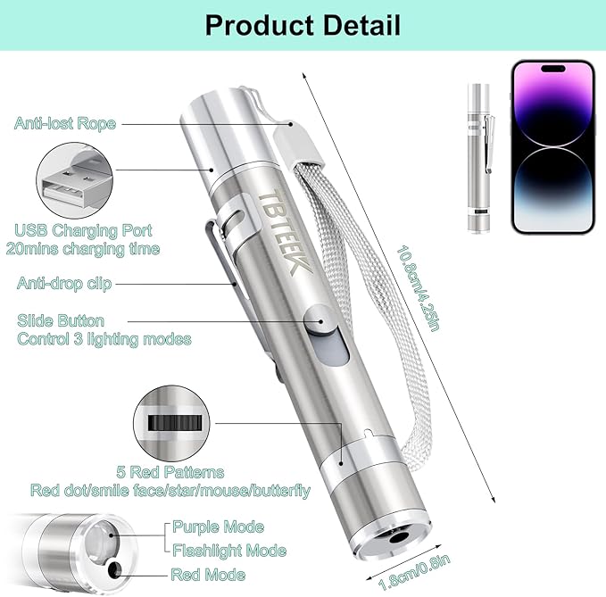 TBTeek Cat Toys, Rechargeable, 3 Light Modes & 5 Fun Patterns, Portable Interactive Kitten Pet Dog Cat Mouse Toy for Fun Chase Play Exercise