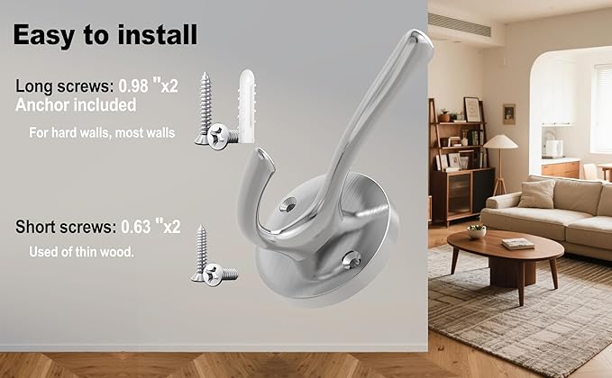 Brushed Nickel Wall Hooks, 4 Pack Heavy Duty Coat Towel Hook Metal Double Hook Wall Mounted Hanging, Bath Towel Hooks for Entryway Cubicle Bathroom Closet Garage