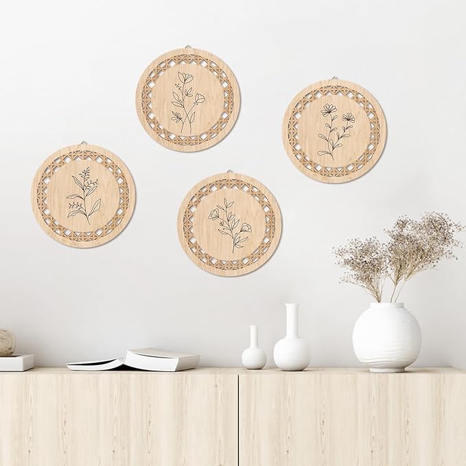 HPNIUB Minimalist Floral Wall Decor, Farmhouse Line Botanical Hanging Wooden Sign Wall Art, 4 Pieces 9.8''x9.8'' Aesthetic Flowers Leaf Wood Plaque, Modern Neutral Pictures for Living Room Office