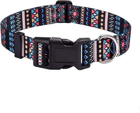 Dog Collar with Bohemia Floral Tribal Geometric Patterns - Soft Ethnic Style Collar Adjustable for Small Medium Large Dogs(Black Bohemia,L)