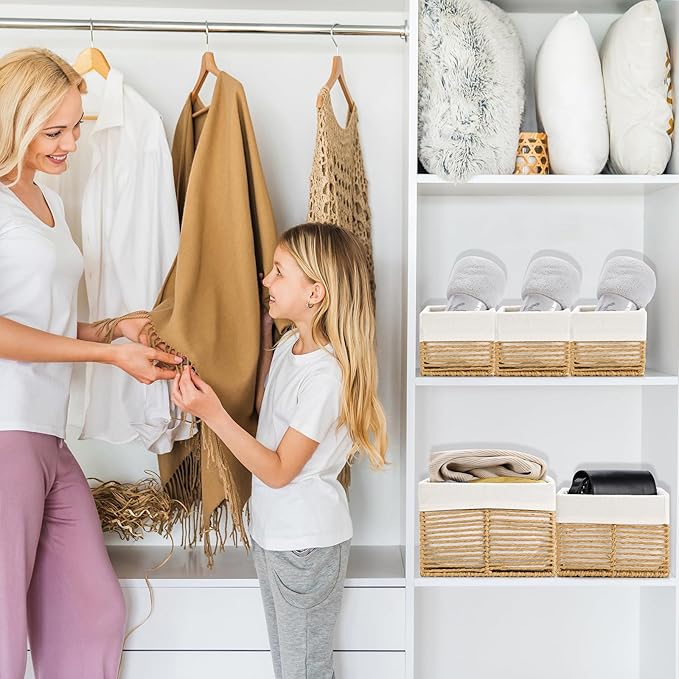 Vagusicc Wicker Storage Basket, Hand-Woven Paper Rope Wicker Baskets, Rectangular Small Wicke Baskets for Organizing, Cube Storage Bins for Closet/Clothes/Dresser, Natural, 5-Pack