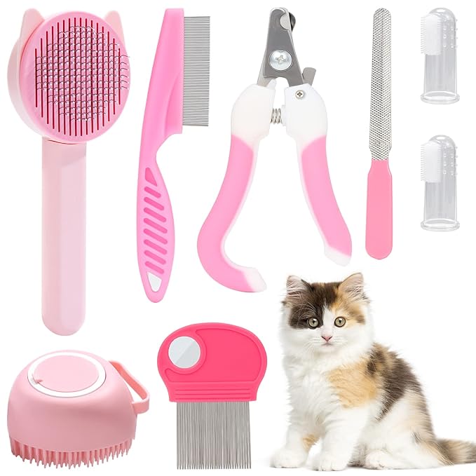 VCZONE 8 Pcs Cat Brush Grooming Kits, Pet Self Cleaning Kit with Pet Nail Clipper and File, Flea Comb, Pet Shampoo Bath Brush, Pet Shedding Brush, Silicone Toothbrush (Pink)