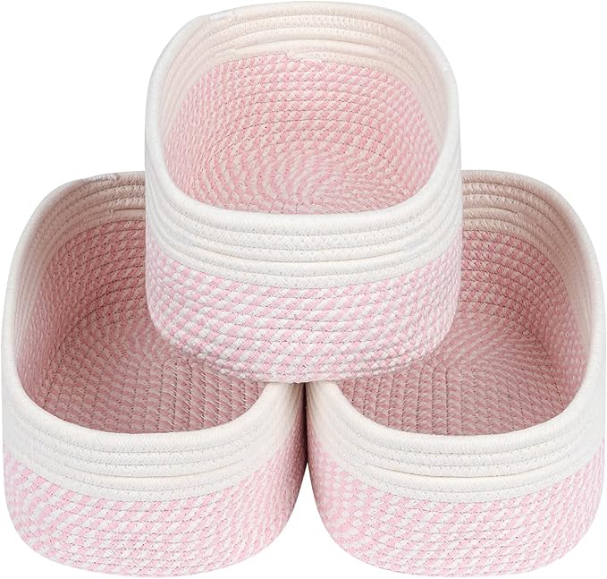 CubesLand Rectangle Organization/Storage Basket, Natural Cotton Rope Woven Baskets for Organizing, Small Basket for Kids, Baby Nursery, Cat Dog Toy Baskets, Organizer Bins for Shelves 3 Packs