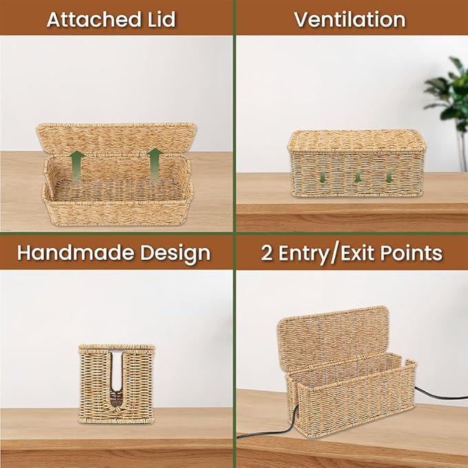 Cable Management Box, Handmade Rattan Cable Organizer, 2 Open Slots Cords Hider Box, Under Desk Cord Organizer for Computer Router USB Hub & Power Strip, Patent Pending, 13" x 5.1" x 5.1", Natural