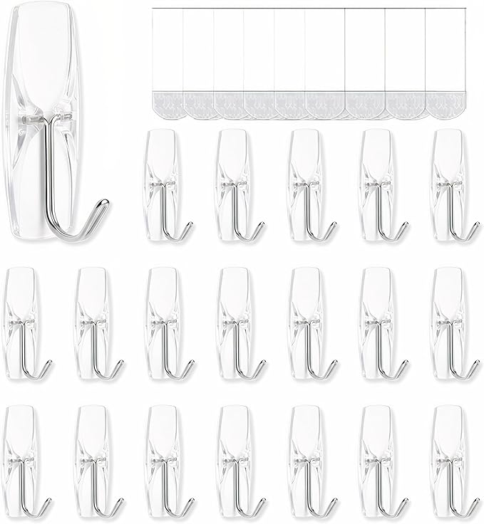 Medium Clear Wall Hooks, 18 Hooks+24 Removable Strips, Wire Hooks with Adhesive Strips Damage-Free, Utility Hooks Heavy Duty, No Tools Wall Hooks for Hanging, Value Pack