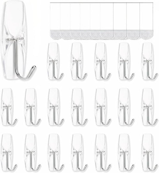 Medium Clear Wall Hooks, 18 Hooks+24 Removable Strips, Wire Hooks with Adhesive Strips Damage-Free, Utility Hooks Heavy Duty, No Tools Wall Hooks for Hanging, Value Pack