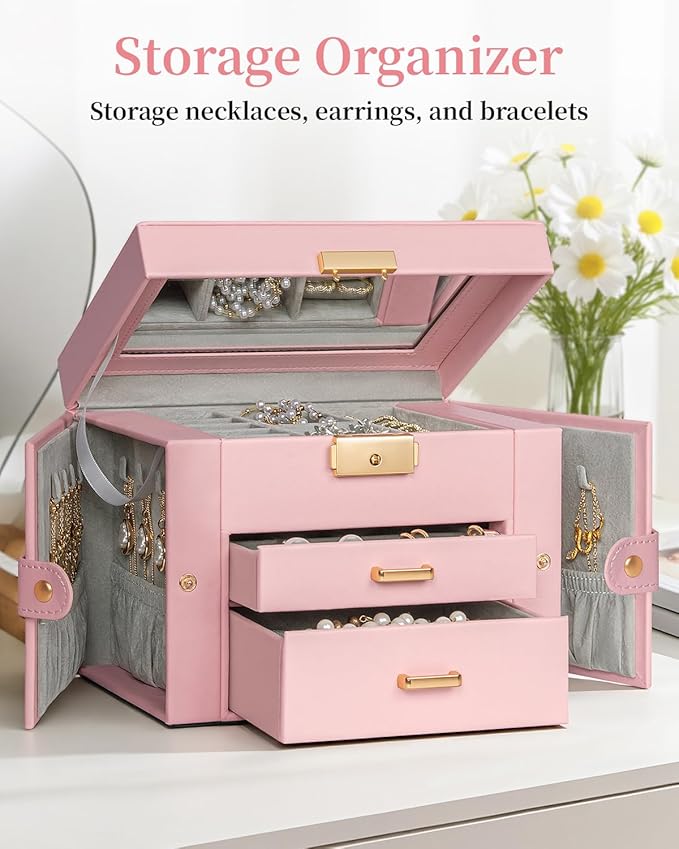 TORIBIO Jewelry Box for Women, Leather Jewelry Organizer with Mirror & Lock, 3-Tier Jewelry Storage Organizer with 2 Drawers for Girls/Women/Mothers, Necklace Earring Bracelets Holder Organizer