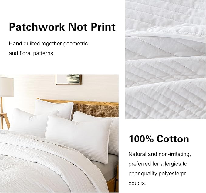 100% Cotton Queen Quilt Set 3-Piece,Lightweight and Textured Bedspread Coverlet & 2 Pillow Shams,All-Season Lightweight Queen Comforter Bedding Set（White）