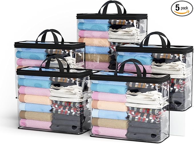 5PACK Clear Zippered Storage Bags for Clothes, 22L Closet Organizers Bag, and Blanket Storage Bags for Bedding, Linen, Blankets, Comforters, Clothing & Toys (Black)