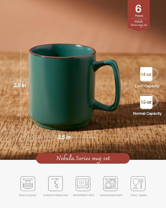 famiware Coffee Mugs Set of 6, Nebula 14oz Coffee Mugs, Ceramic Cup Set with Handle for Latte, Tea, Milk, Cappuccino, Cocoa, Dark Green