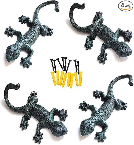 Lovely Outdoor Cast Iron Pool Towel Wall Hooks, Cool Gecko Heavy-Duty Coat Hooks, Fun Lizard Pool Towel Holder for Outdoor and Indoor， Gecko Key Holder and Wall Décor. Set of 4