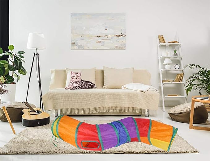 Cat Tunnel for Indoor Cats Interactive, Rabbit Tunnel Toys, Pet Toys Play Tunnels for Cats Kittens Rabbits Puppies Crinkle Pop Up Rainbow 47" Shape S