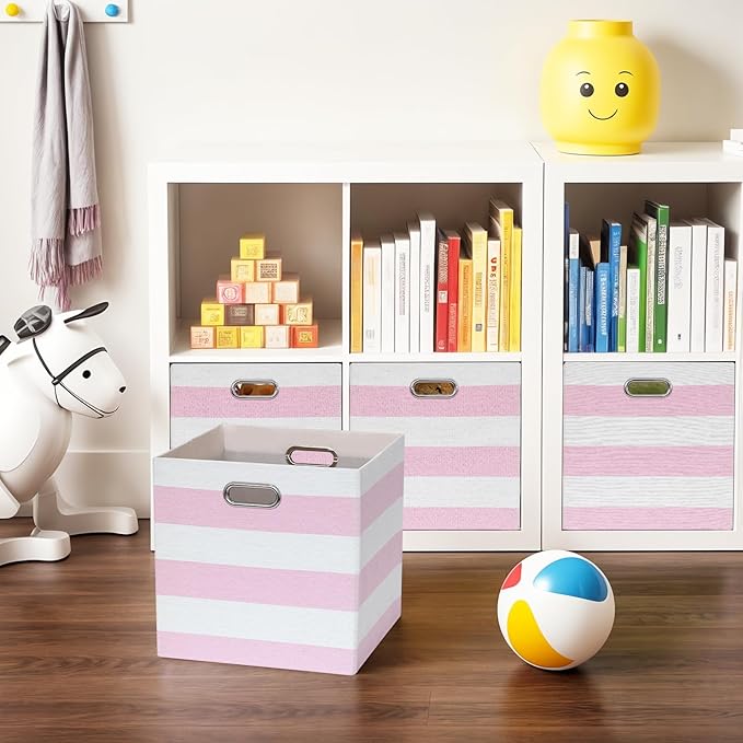 11x11 Cube Storage Bins, Collapsible Fabric Storage Cubes, Cubby Storage Organizer Bins Striped Container Baskets for Organizing Home Office Wardrobe Closet Shelf, Pack of 4, Pink/White