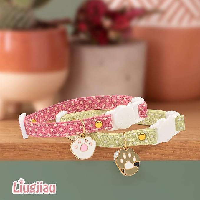 2 Pack Cotton Breakaway Cat Collar with Bell Pink & Green Paw Pendant Cute Kitten Cat Collar Suitable for Girls and Boys