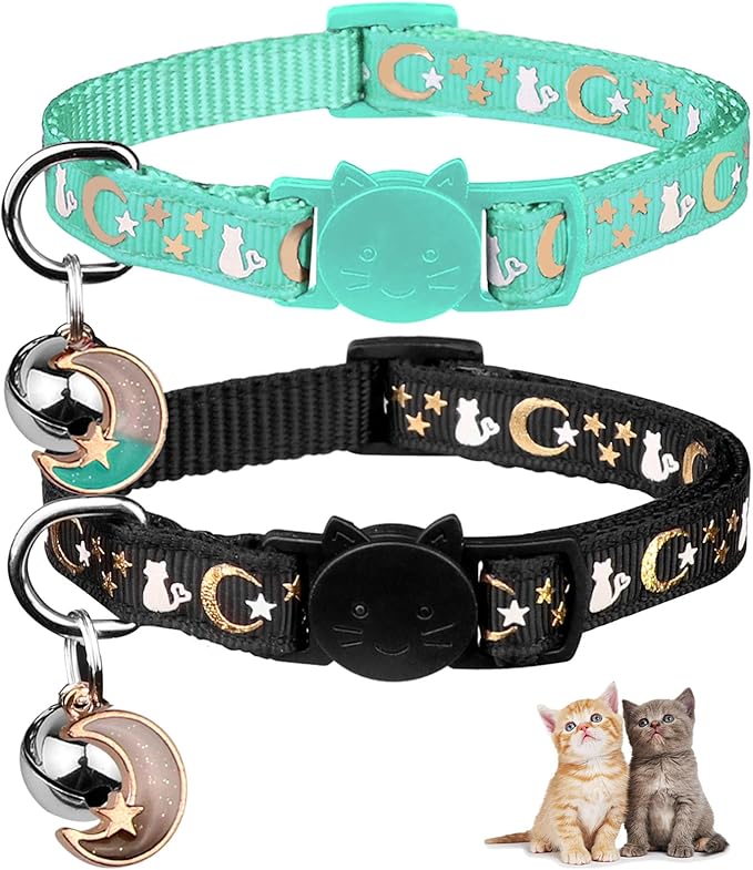 Baeuppit 2PCS Breakaway Cat Collars with Bell Moons Stars Cute Kitty Adjustable Safe Kitten Collars with Pendant Glow in The Dark(Black&Teal)