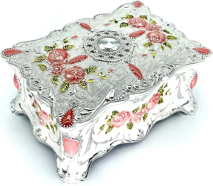 Truewon Jewelry Chest Rose Pastoral Style Metal Box Trinket Vintage Trinket Gemstone Storage Tray Treasure Souvenir Gift Case for Girls Women (White Pink Golden, Large)