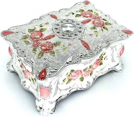 Truewon Jewelry Chest Rose Pastoral Style Metal Box Trinket Vintage Trinket Gemstone Storage Tray Treasure Souvenir Gift Case for Girls Women (White Pink Golden, Large)