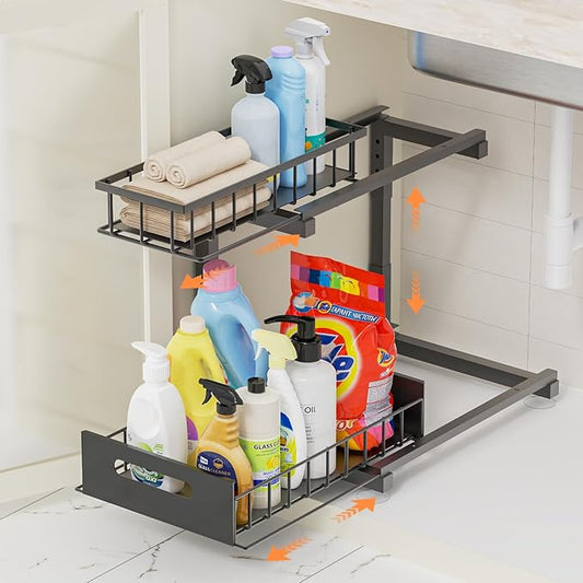 Under Sink Organizer Storage 2-Tier Heavy Duty Metal Pull Out Cabinet Organizer Slide Out Sink Shelf Organizer Height Adjustable, Multi-Purpose Storage Shelf for Kitchen Bathroom (Black,1 Pack)