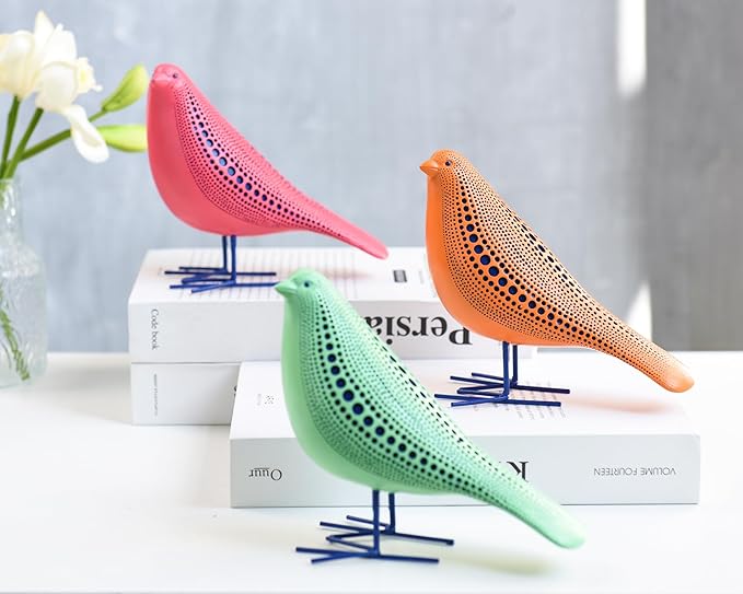 Quoowiit Bird Figurine, Modern Sculpture and Statues for Home Decor, Animal Statues for Bookshelf, Table, Entryway, Fireplace, Resin Decorative Sculpture with Chic Polka Dots Art Design (Orange)