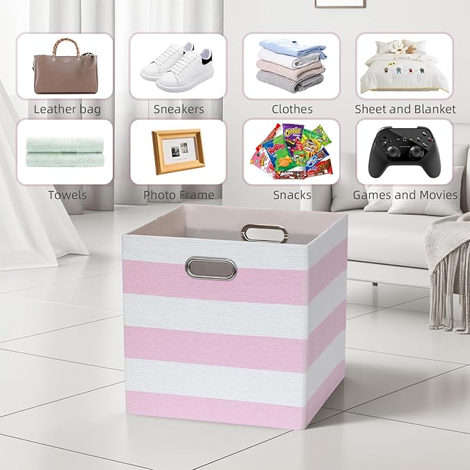 11x11 Cube Storage Bins, Collapsible Fabric Storage Cubes, Cubby Storage Organizer Bins Striped Container Baskets for Organizing Home Office Wardrobe Closet Shelf, Pack of 4, Pink/White