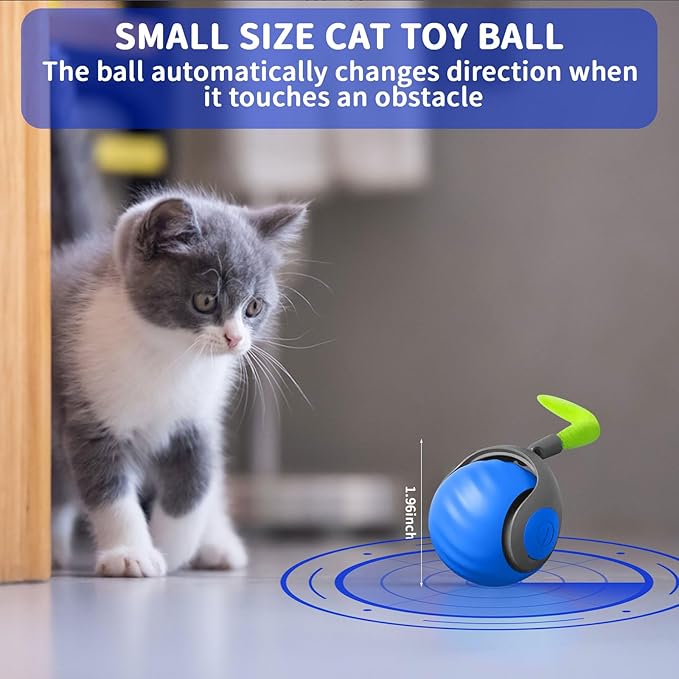 Interactive Cat Ball Toy with Feather, Smart Ball for Indoor Cats, Motion Activated Automatic Cat Toys, USB Rechargeable Toys, Blue