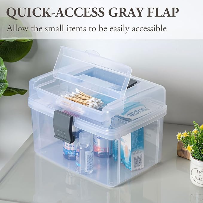 MyGift 10 Inch Premium Clear First Aid Kit Bin with Detachable Tray and Gray Top Handle, Portable Emergency Kit, Medical Supply Travel Tote, Medicine Storage Box Container