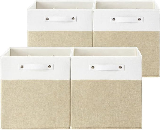 13 x 13 Inch Fabric Storage Cube Bins, 4 Pack Fine Linen Storage Boxes with Handles, Collapsible Basket Organizers for Shelves (White/Khiki)