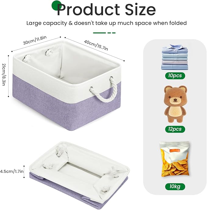 Storage Baskets, Fabric Storage Bins, Versatile Storage Baskets for Shelves with Handles, Large Closet Organizers for Shelves, Clothing, Toys, Books (3-Pack 15.7x11.8x8.2 inch, White&Purple)