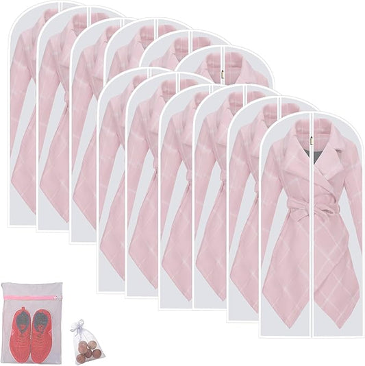 Hanging Garment Bags Hanging Clothes Bags (Set of 12) for Clothes Storage Bag with Zipper for Suit, Sweaters Travel Laundry Wardrobe Closet Garment Dust Cover Bags (White, 24'' x 48'')
