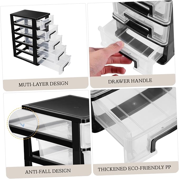 SAFIGLE Drawer Storage Cabinet：5 Clear Plastic Drawers Organizer for Home Office Vertical Design Storage Bin for Sundries Crafts and Stationery Black