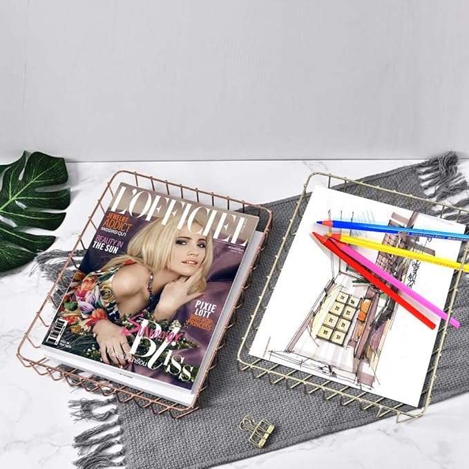 Paper Organizer for Desk Metal Paper Tray Large Capacity Letter Tray File Holder Mail Inbox Storage Organizer Basket for Office Classroom Desktop,12.5" x 9.4" x 1.9",Gold