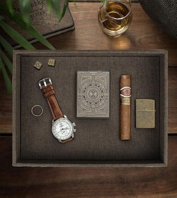 HofferRuffer Elegant Desktop Organizer Tray, Vanity Tray, Storage Jewelry Perfume Organizer, Dresse Catchall for Change Coin Key (Brown Black Faux Leather)