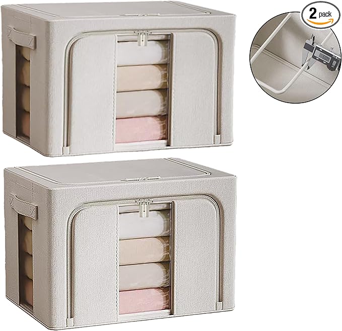 Clothes Storage Bins, 2 Pack Bedding Organizers with Handles, Stackable Metal Frame Closet Organizer, Visable Windows, Clothing Organization for Sweatshirt, Blanket, Long Dresses, (66L Cream White)