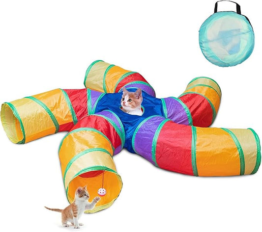 Depets Cat Tunnel for Indoor Cats, 5 Way Large Cat Play Tunnel & Tube with Play Ball, S-Shaped Folded Pet Tube with Interactive Peephole, Ideal for Indoor Exercise for Kittens Puppies Rabbits