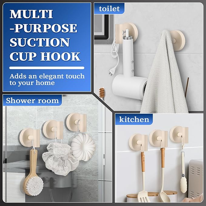 Heavy Duty Reusable Suction Cup Hooks for Shower - No Drill Bathroom/Glass/Mirror/Tiles & Metal Surfaces,and Smooth Non-Porous Surfaces for Towels, Robes, Loofahs (4, Milk White)