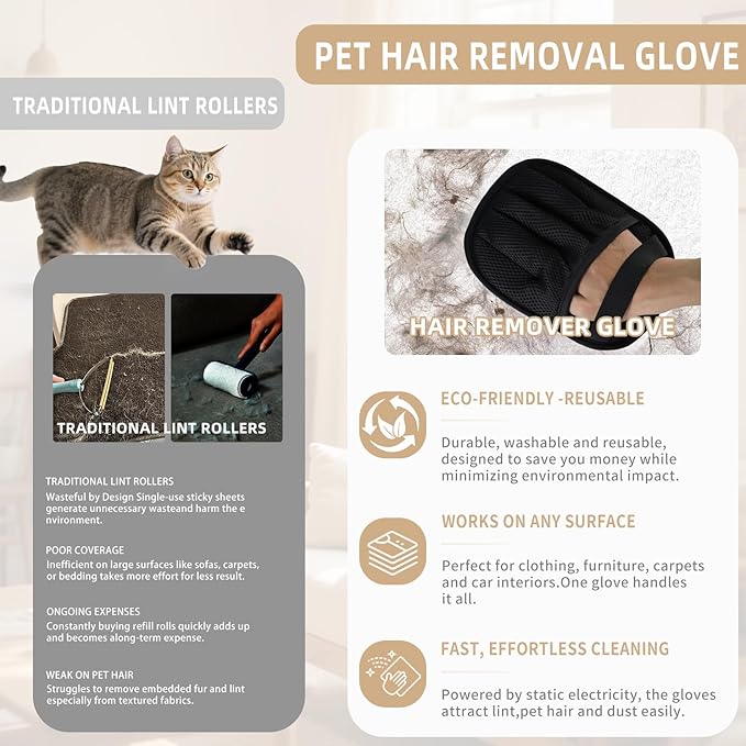 2 PCS Pet Hair Removal Glove for Cats & Dogs, Newly Pro Five-Finger Electrostatic Pet Hair Remover Gloves, Magic Brush Pet Hair Removal Tool (Black, L)