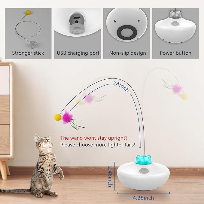 Interactive Cat Toys Cat Exercise Tumbler, Rechargeable Cat Toys for Indoor Cats Spin Butterfly Game Teasing Kitty, Extra Long Feather Wand (P33 cat Toys)