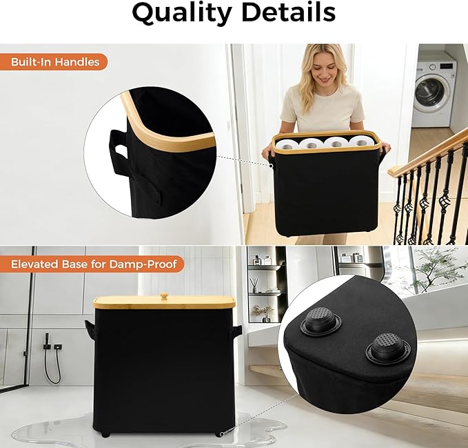 MinBoo Toilet Paper Basket, Storage with Lid, Toilet Paper Organizer for Bathroom, Free Standing Toilet Paper Holder with Storage,Black