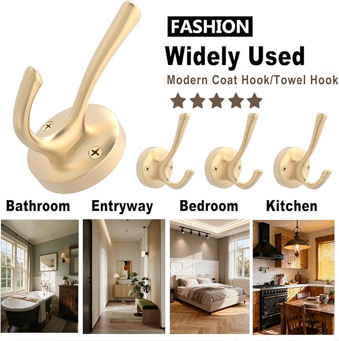 Gold Wall Hooks, 5 Pack Coat Robe Hook Heavy Duty Metal Double Bath Hook Wall Mounted, Hand Towel Hooks for Cubicle Bathroom Kitchen Closet Garage