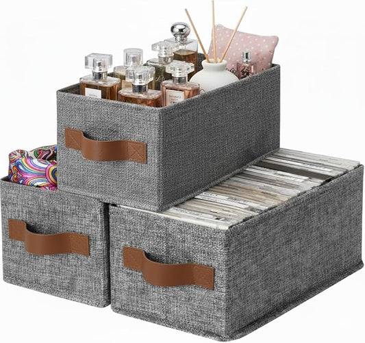 GRANNY SAYS Small Fabric Storage Bins with PU Handles, Storage Baskets for Shelves, Perfume Storage, Narrow Baskets for Organizing DVD, Photos, Aromatherapy, Scarf, Diaper, Cd, 3-Pack, Gray