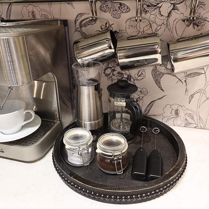 Round Wooden Serving Tray with Beads, Circle Vintage Black Wood Coffe Table Tray for Dining Room Table Centerpiece, Kitchen Counter