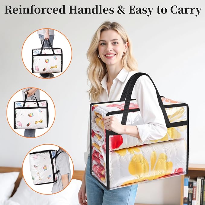 Clear Clothes Storage Bags, 4 Pack Closet Organizers and Under Bed Storage Containers, Foldable Moving Bags with Zippers for Comforter, Blanket, Bedding, Duvet, PVC Packing Bags 40L